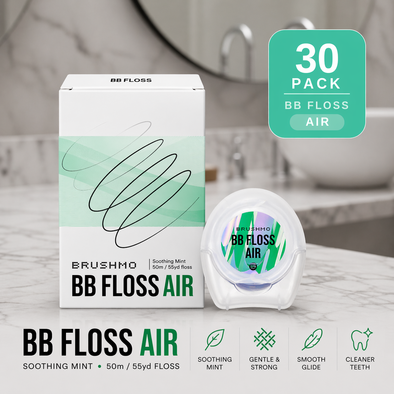 Brushmo BBFLOSS AIR — Slim Fit for Tight Contacts, 30 Pack